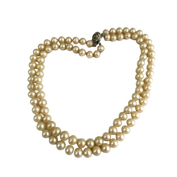 Vintage Double Strand Faux Pearl Necklace With Ornate Clasp Retro - Picture 3 of 7